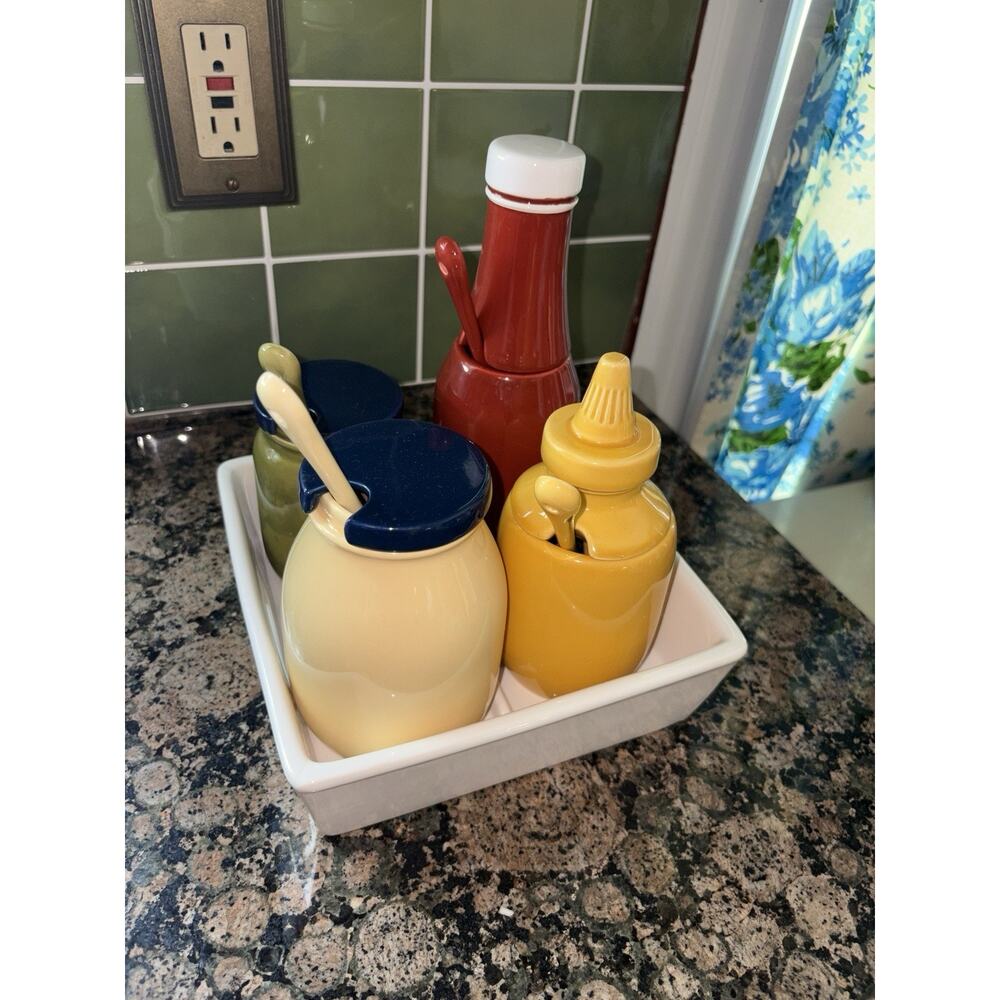 Williams Sonoma Rare Ceramic Condiment Tray Mustard Ketchup Relish Mayo